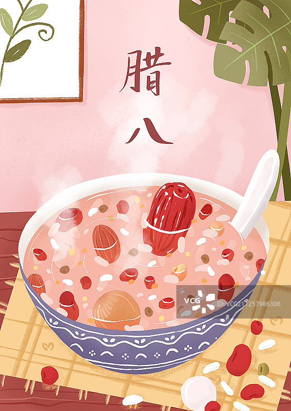 室内环境下一碗热气腾腾的腊八粥 腊八节手绘插画图片素材