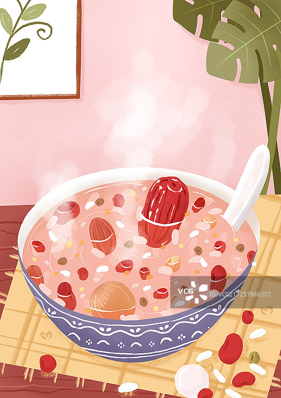 室内环境下一碗热气腾腾的腊八粥 手绘插画图片素材