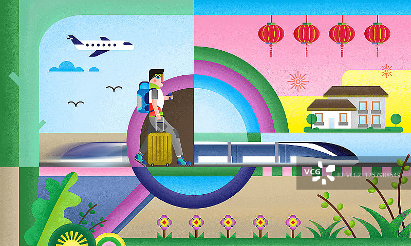 一位男性拎着行李箱背着背包乘坐交通工具回家过年图片素材