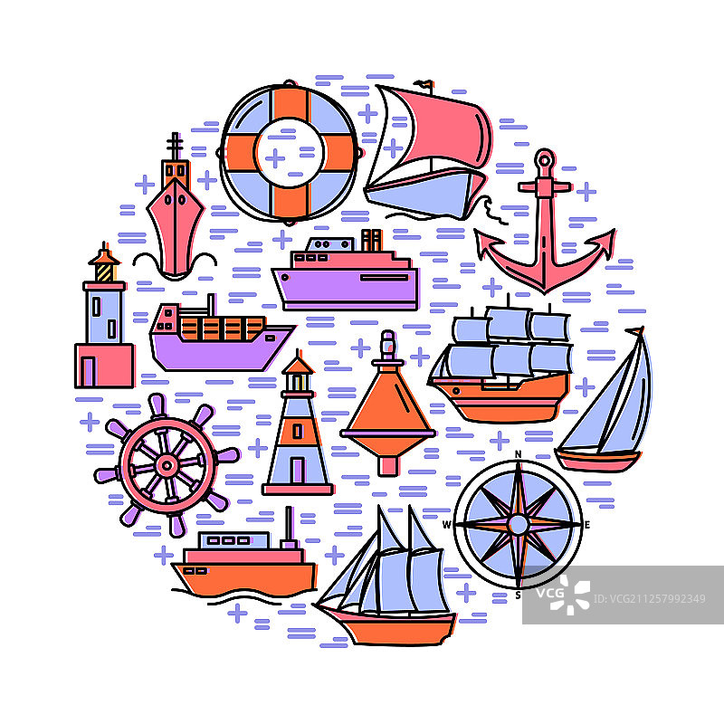 带有船舶图标的海洋主题概念设计图片素材