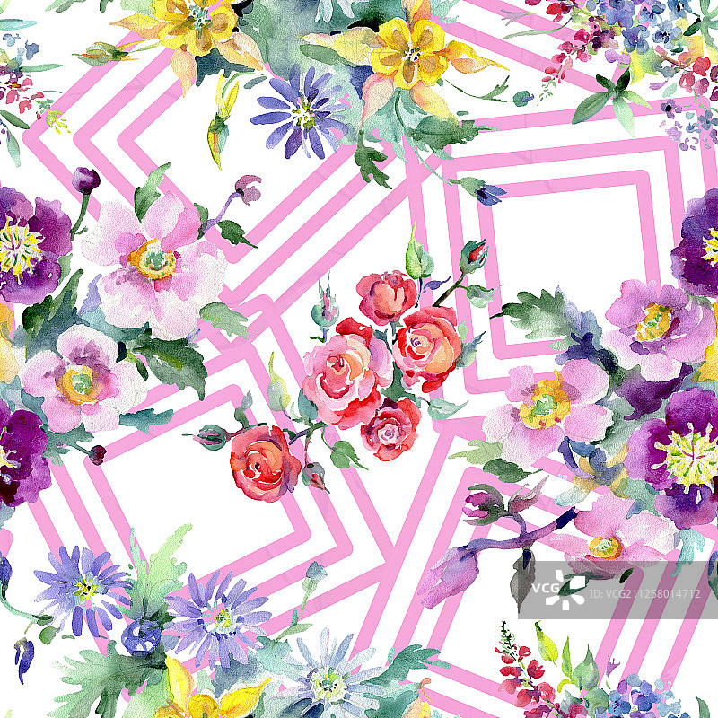 花束，植物花。水彩背景插图集。无缝的背景图案。图片素材