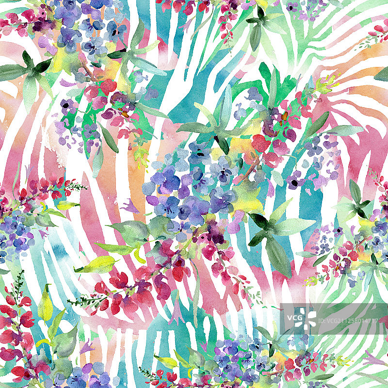 花束，植物花。水彩背景插图集。无缝的背景图案。图片素材