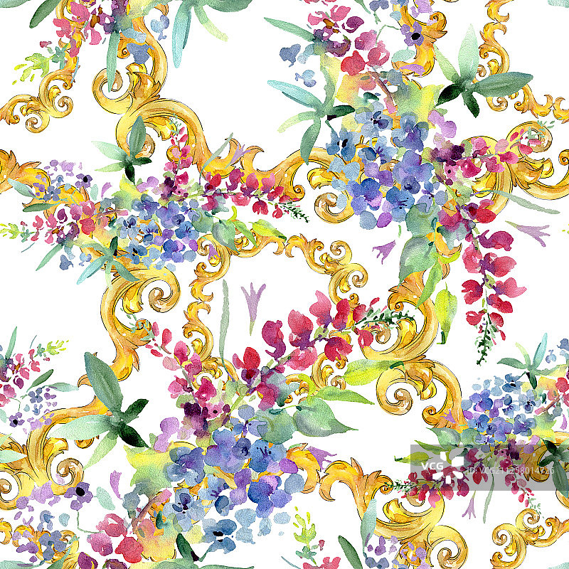 花束，植物花。水彩背景插图集。无缝的背景图案。图片素材