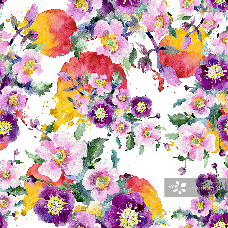 花束，植物花。水彩背景插图集。无缝的背景图案。图片素材