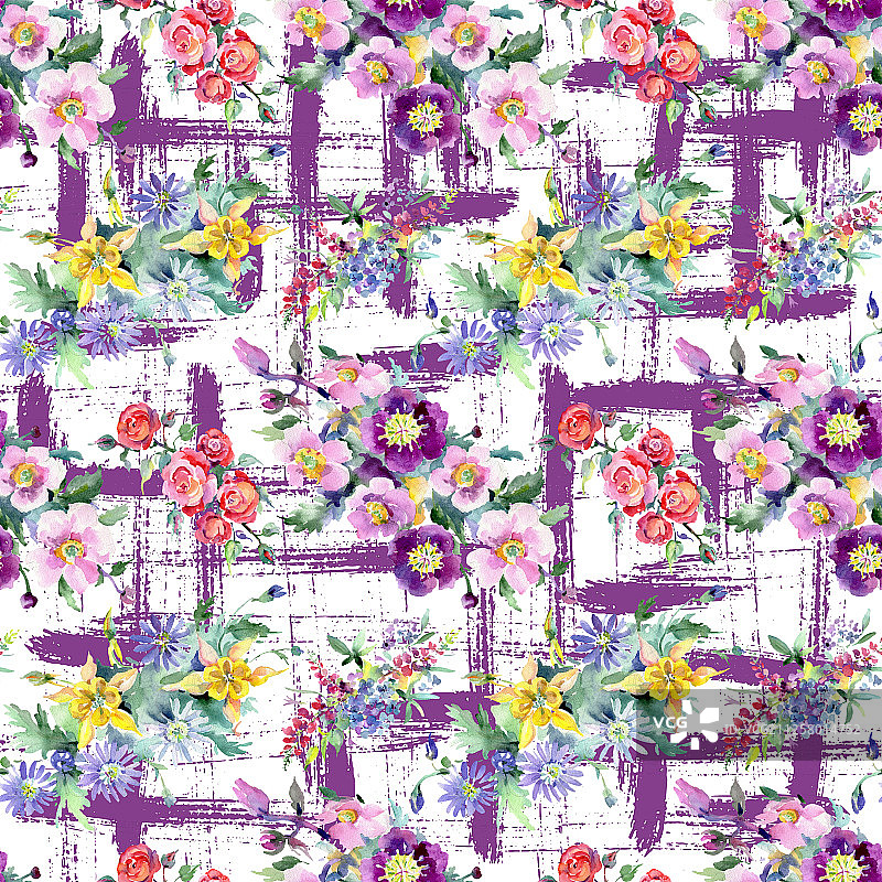 花束，植物花。水彩背景插图集。无缝的背景图案。图片素材