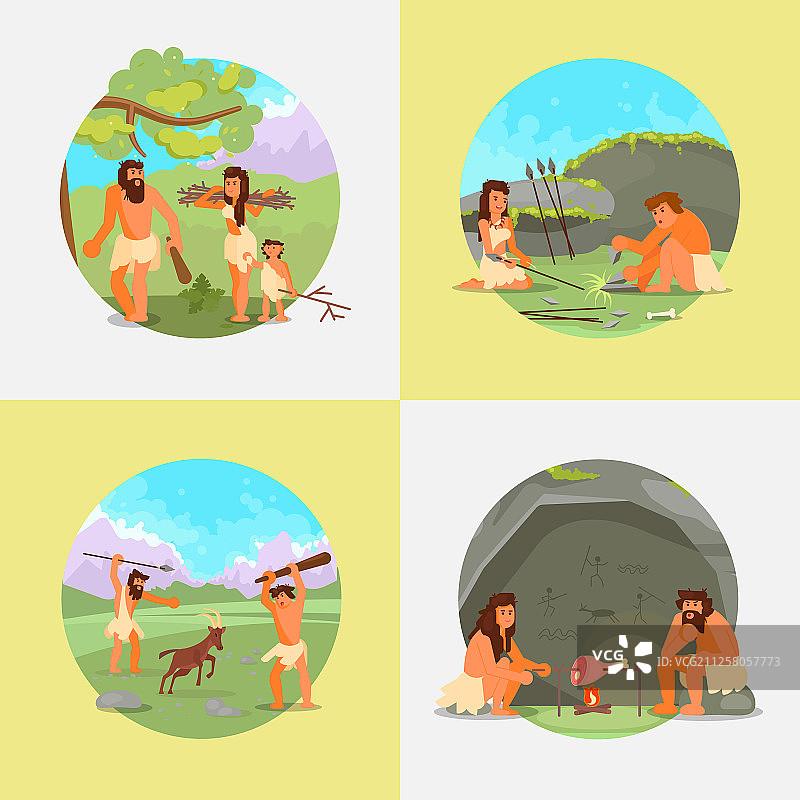 穴居人石器时代人物扁平风格插画图片素材