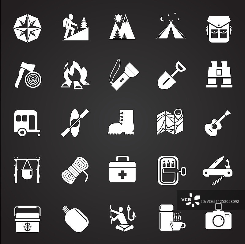 黑色背景上的露营图标合集图片素材