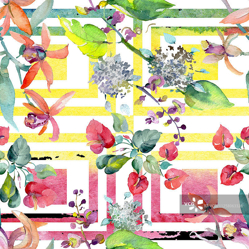 花束，植物花。水彩背景插图集。无缝的背景图案。图片素材
