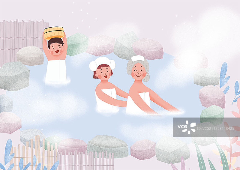 人们在温泉中放松插画图片素材
