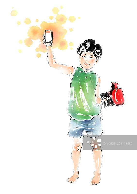 儿童喝牛奶水彩插画图片素材