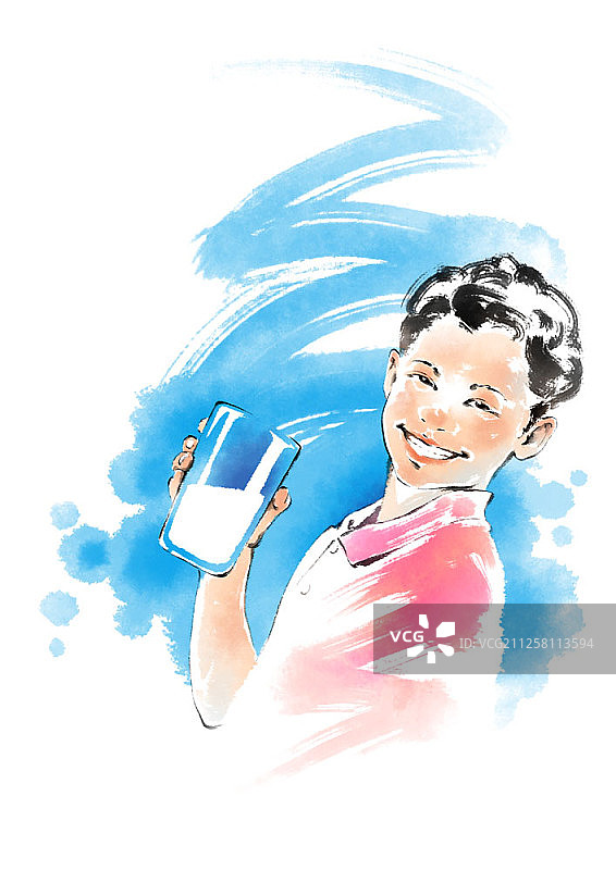 儿童喝牛奶水彩插画图片素材