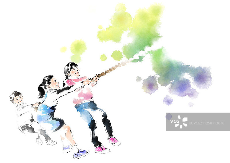 水彩插画儿童拔河游戏图片素材
