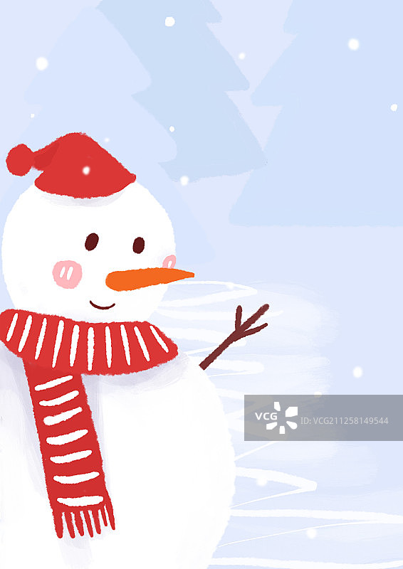 冬天雪地里戴围巾的雪人 手绘插画图片素材