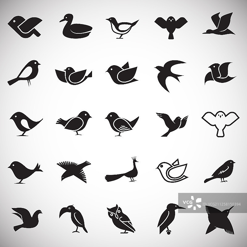 白色背景上的小鸟图标集，用于图形设计图片素材