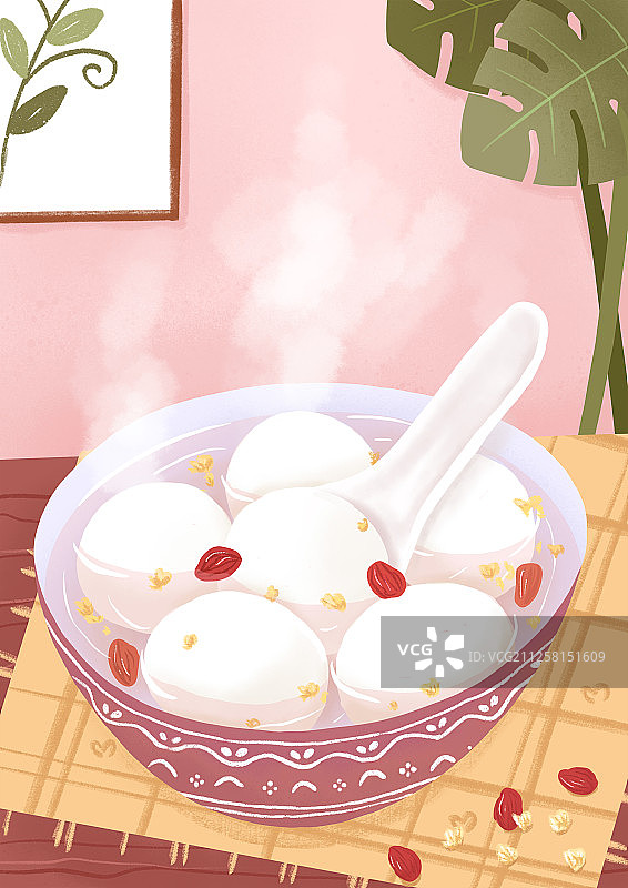 室内环境下一碗热气腾腾的汤圆 手绘插画图片素材