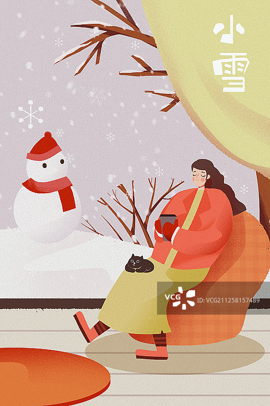 卡通手绘小雪节气冬天女孩室内喝茶插画图片素材