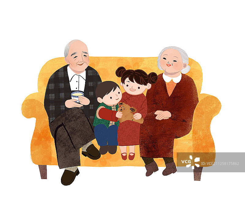 黄色沙发上坐着的祖孙四人图片素材
