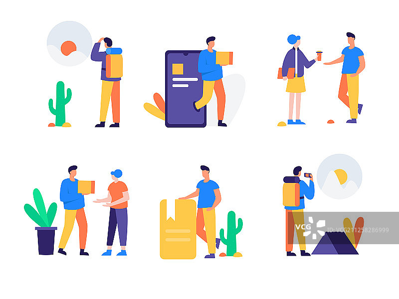 一系列人物日常状态，扁平矢量人物场景创意概念插画图片素材