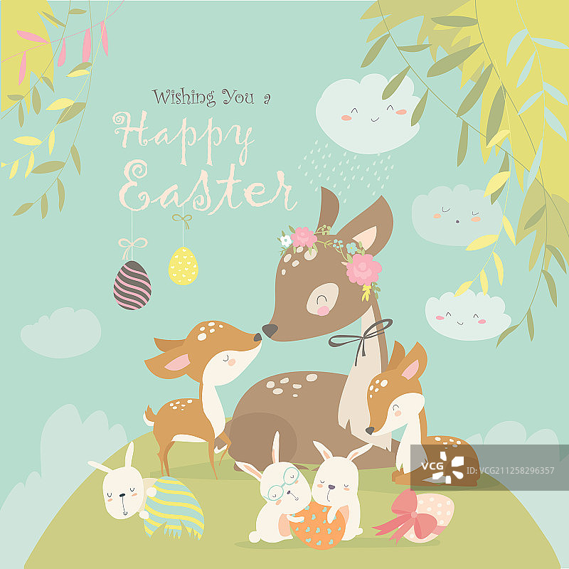 卡通鹿家庭与可爱兔子图片素材