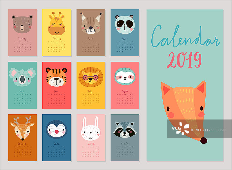 日历2019可爱月历与动物图片素材