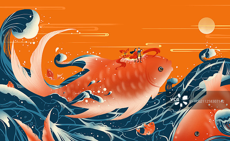 一家人乘坐红色鲤鱼回家 创意中国风插画图片素材