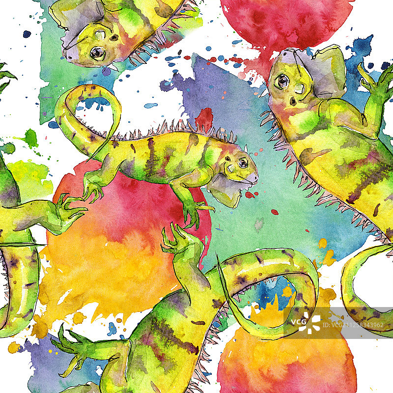 充满异国情调的鬣蜥野生动物。水彩背景插图集。无缝图案。织物壁纸印花纹理。图片素材