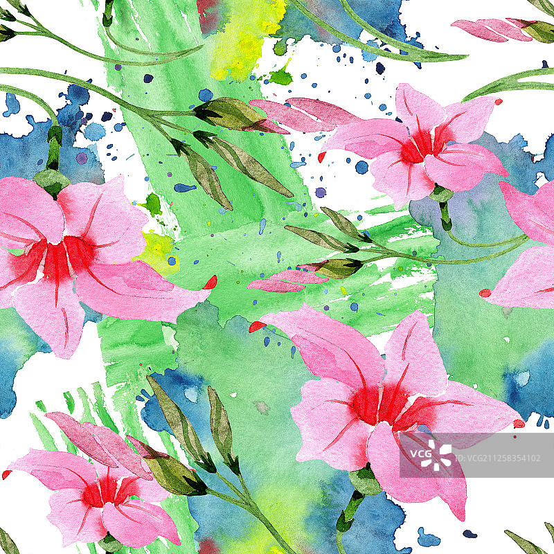 粉色曼德维拉花卉植物水彩背景图，无缝背景图案图片素材
