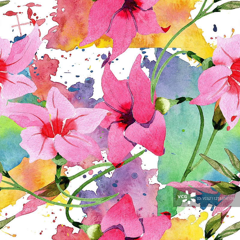 粉色曼德维拉花卉植物水彩背景图，无缝背景图案图片素材