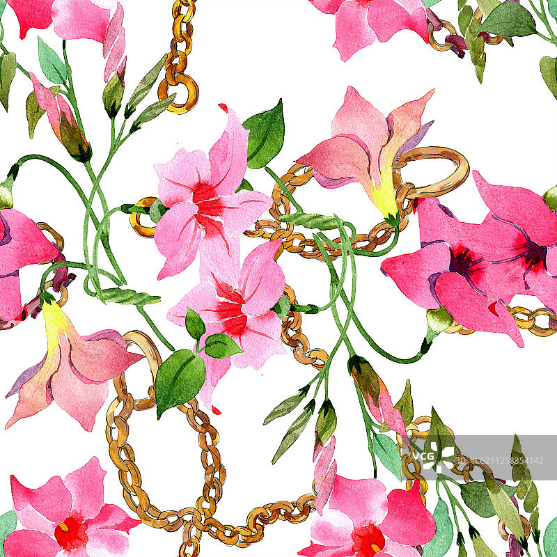 粉色曼德维拉花卉植物水彩背景图，无缝背景图案图片素材