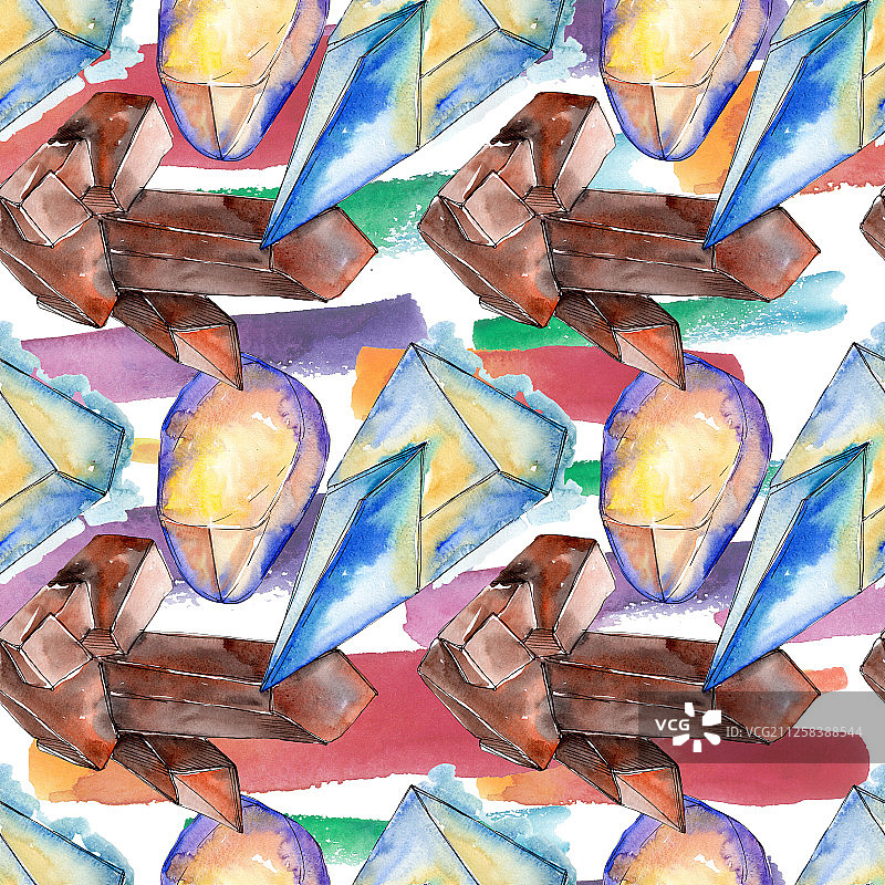 彩色钻石石矿物首饰。水彩水晶石背景设置。无缝的背景图案。图片素材