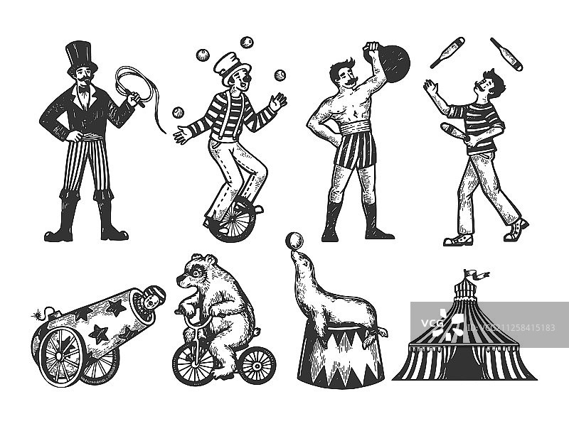 复古马戏团表演素描图片素材