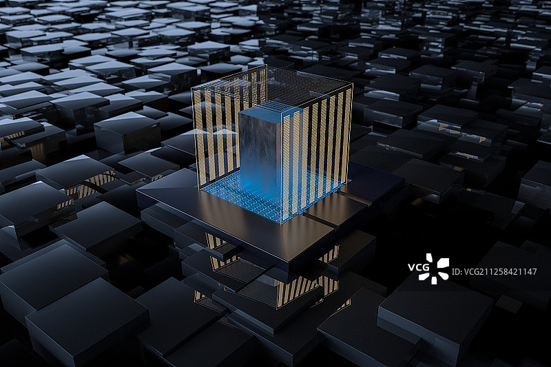 金色与蓝色的方块创意空间 三维渲染图片素材