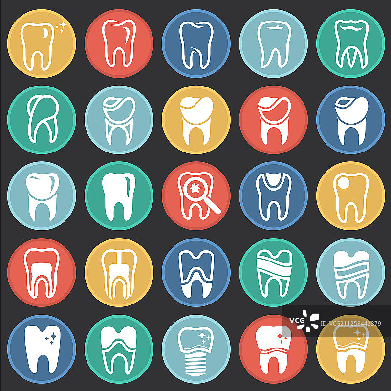 彩色圆形黑色背景上的牙齿图标集图片素材