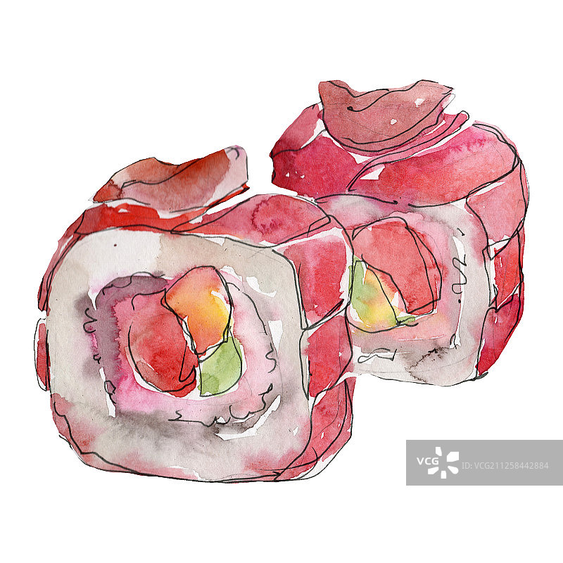 美味日式料理水彩寿司套餐插画。手绘元素，白色背景图片素材