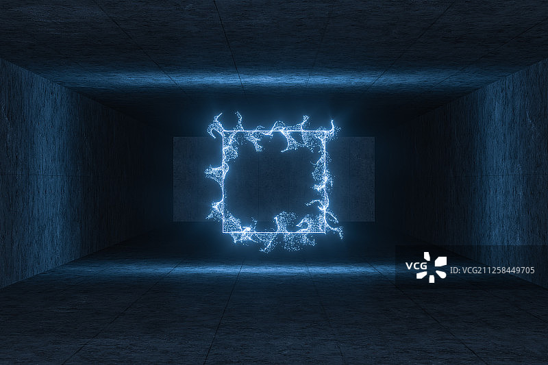 黑暗房间内的发光线条与粒子 三维渲染图片素材