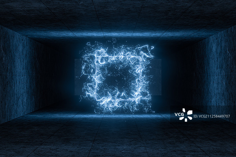 黑暗房间内的发光线条与粒子 三维渲染图片素材