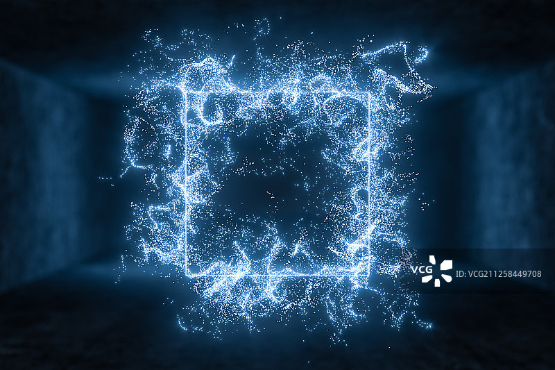 黑暗房间内的发光线条与粒子 三维渲染图片素材