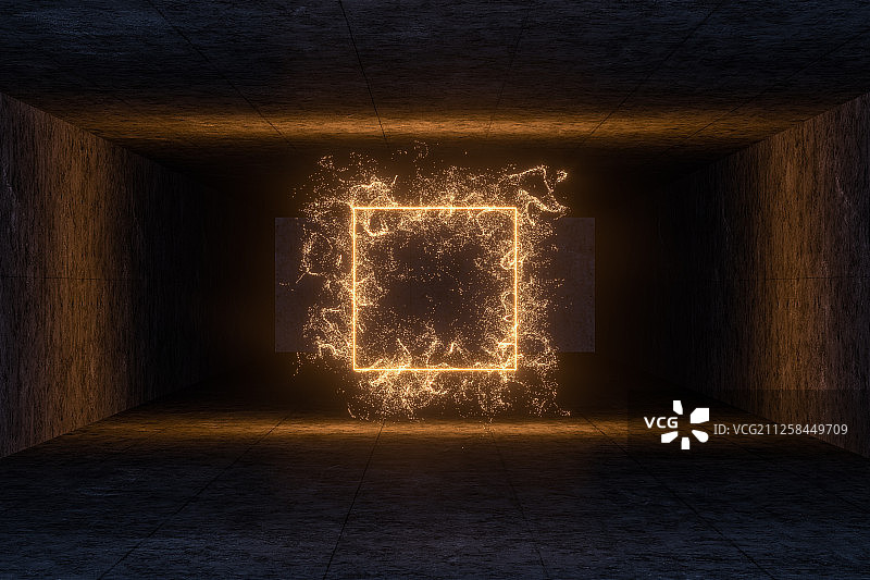 黑暗房间内的发光线条与粒子 三维渲染图片素材