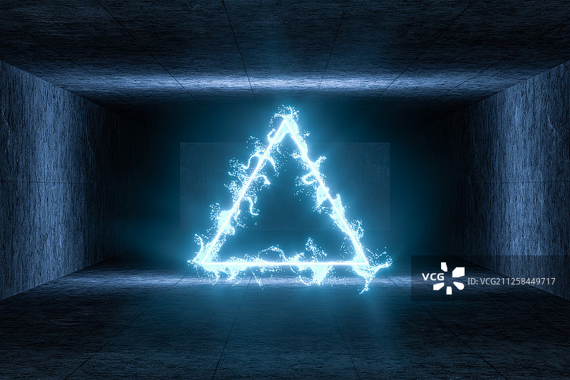黑暗房间内的发光线条与粒子 三维渲染图片素材