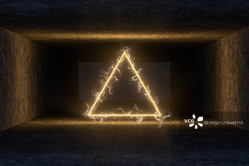 黑暗房间内的发光线条与粒子 三维渲染图片素材