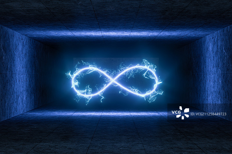 黑暗房间内的发光线条与粒子 三维渲染图片素材