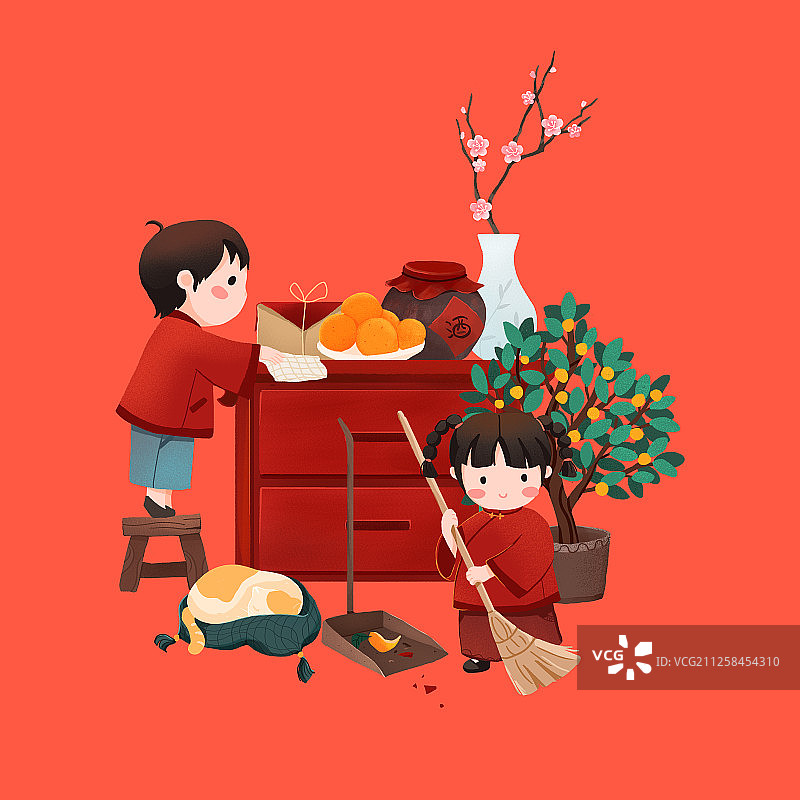 年俗腊月二十四姐弟俩掸尘扫房子手绘插画图片素材
