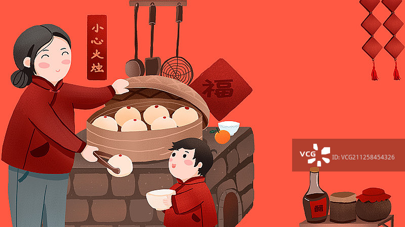 年俗腊月二十九姥姥孙子蒸馒头手绘插画图片素材