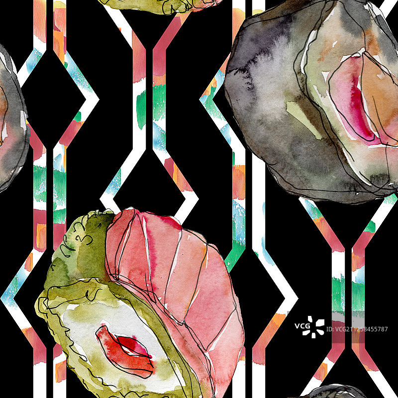 美味日式料理水彩寿司套餐插画，无缝背景图案图片素材