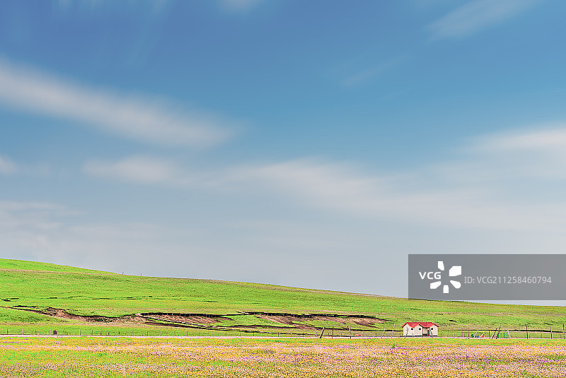 四川西部红原县俄木塘花海景区中的一个小木屋图片素材