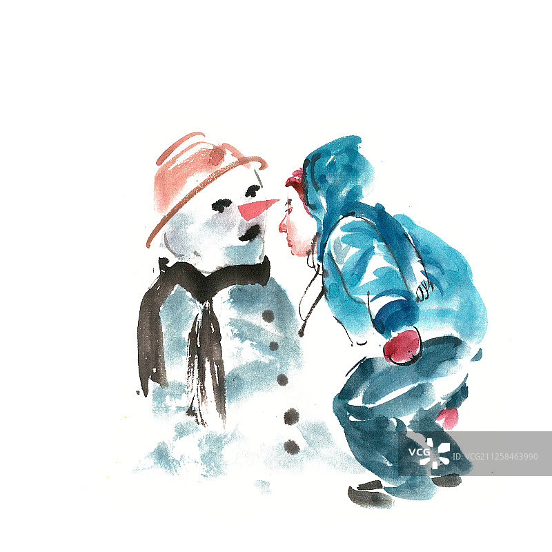 亲雪人的小女孩图片素材