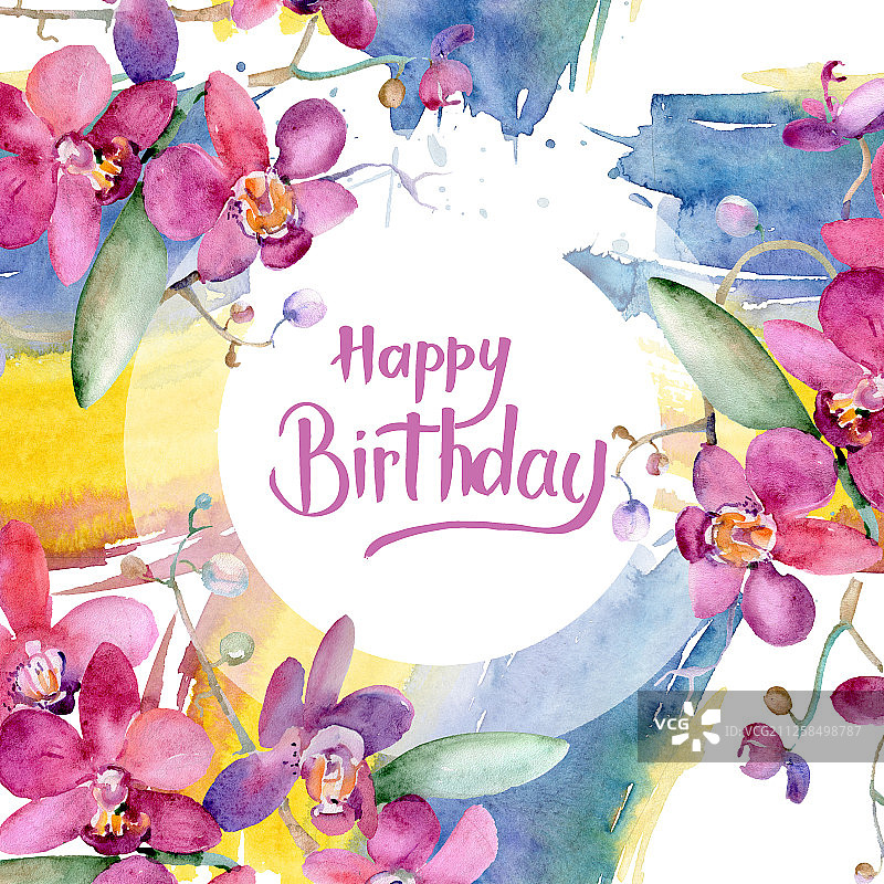 粉色兰花花束水彩背景边框图片素材