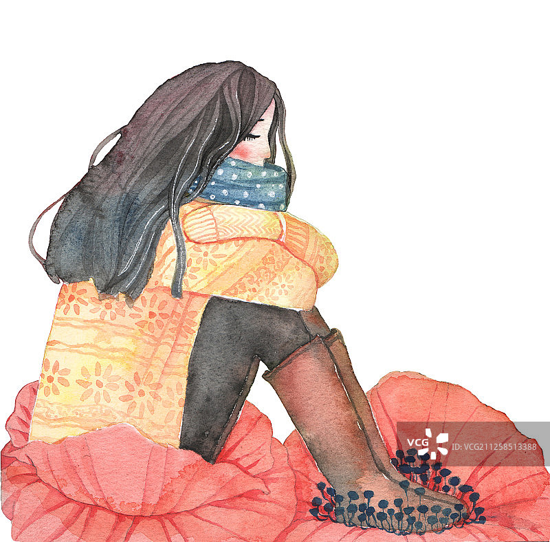 水彩插画-坐在虞美人上的女孩图片素材