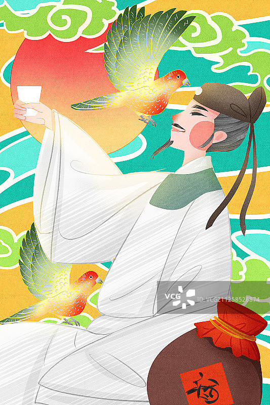 国潮风中国唐朝诗人李白喝酒插画图片素材