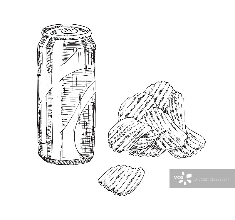 薯条和苏打单色速写风格图标集图片素材